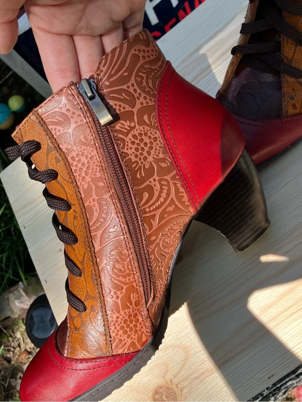 Women's Floral Embossed Red & Brown Lace-Up Ankle Booties size US 7.5-8